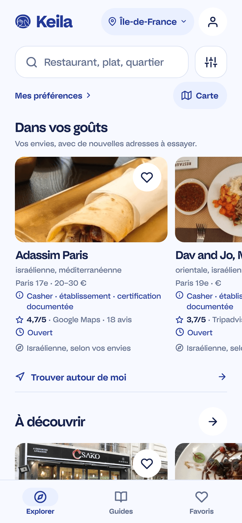 The Keila Explorer screen in French: search, filters and restaurants in the 17th district, with a photo, cuisine and source type.