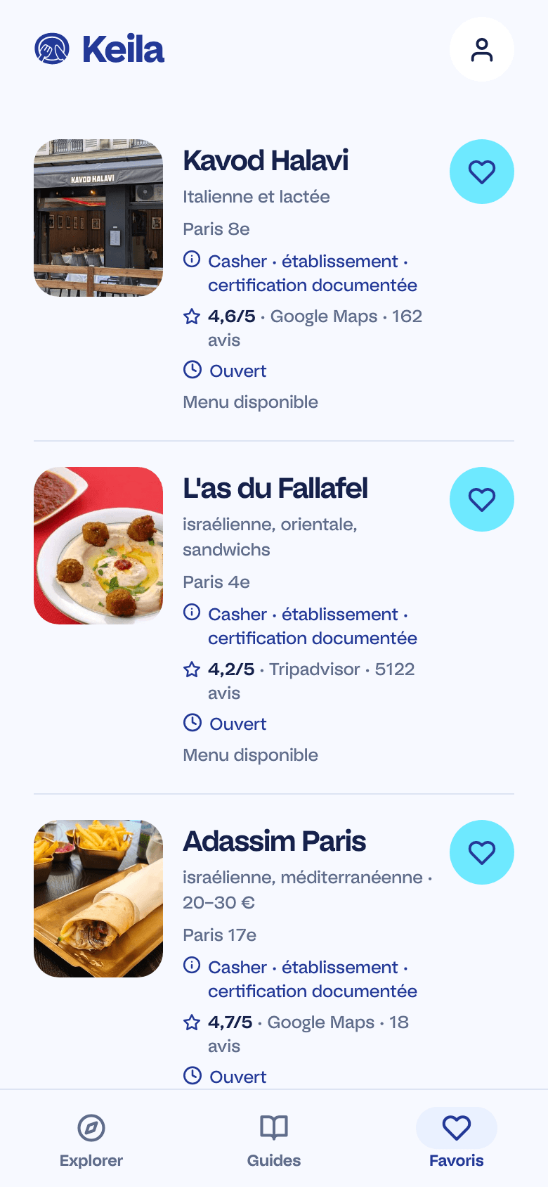 The Keila Favourites tab in French: places saved with a heart, accessible without an account.