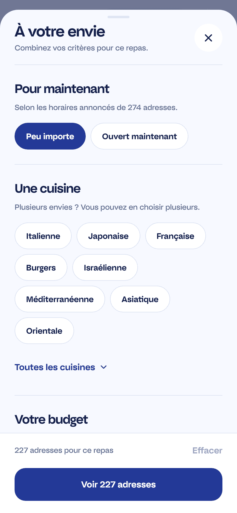 Explorer filters in French: cuisine, budget, meat, dairy or pareve, and supervision body.
