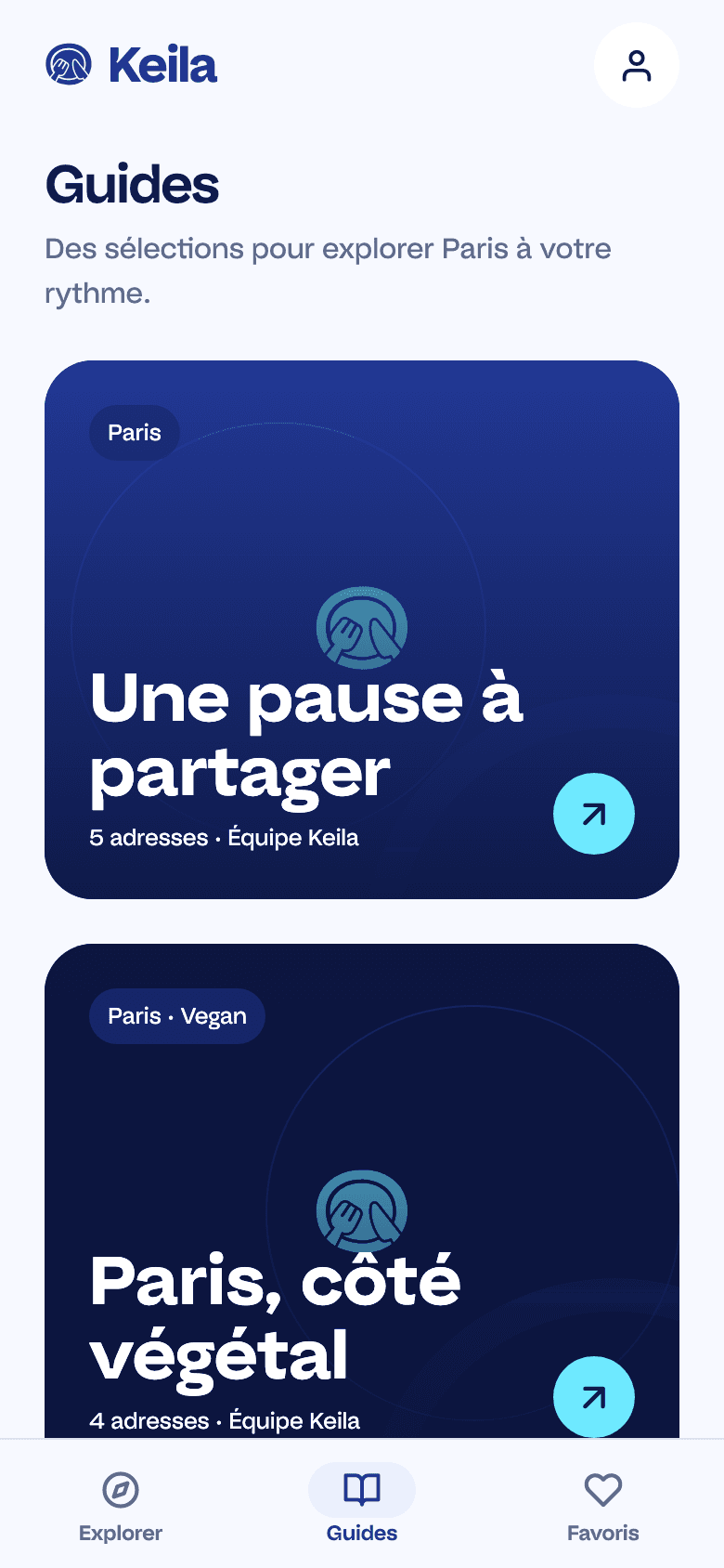 The Keila Guides tab in French: restaurant selections with authors and dates.